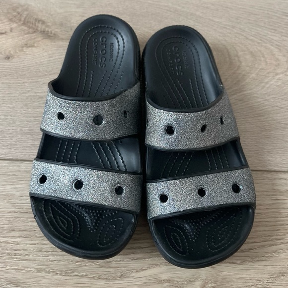 CROCS Classic Cross Strap Silver Glitter Slide size 7 - Picture 3 of 10